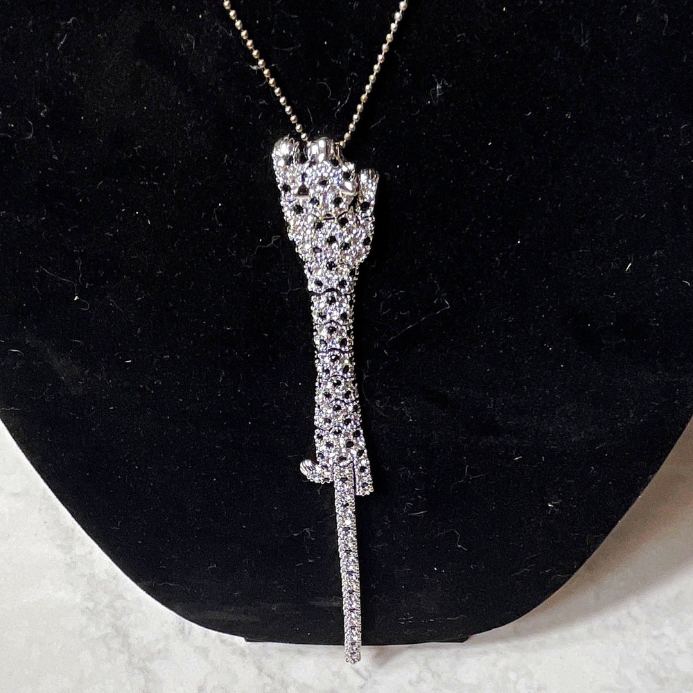 Silver Tone Rhinestone Panther Tassel Necklace 7.5" long